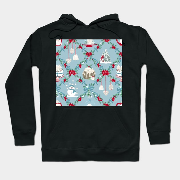 Repeat Pattern of Vintage Christmas Treats on Pale Blue Hoodie by NattyDesigns